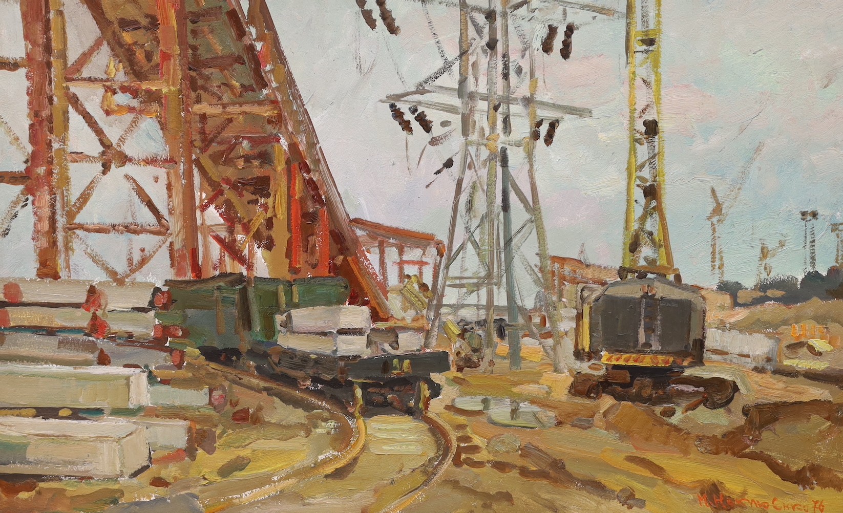 Nilkolai Pavlovich Neklyenko (Ukranian b.1929), oil on board, Construction Site, signed and dated ‘76, 48 x 78cm